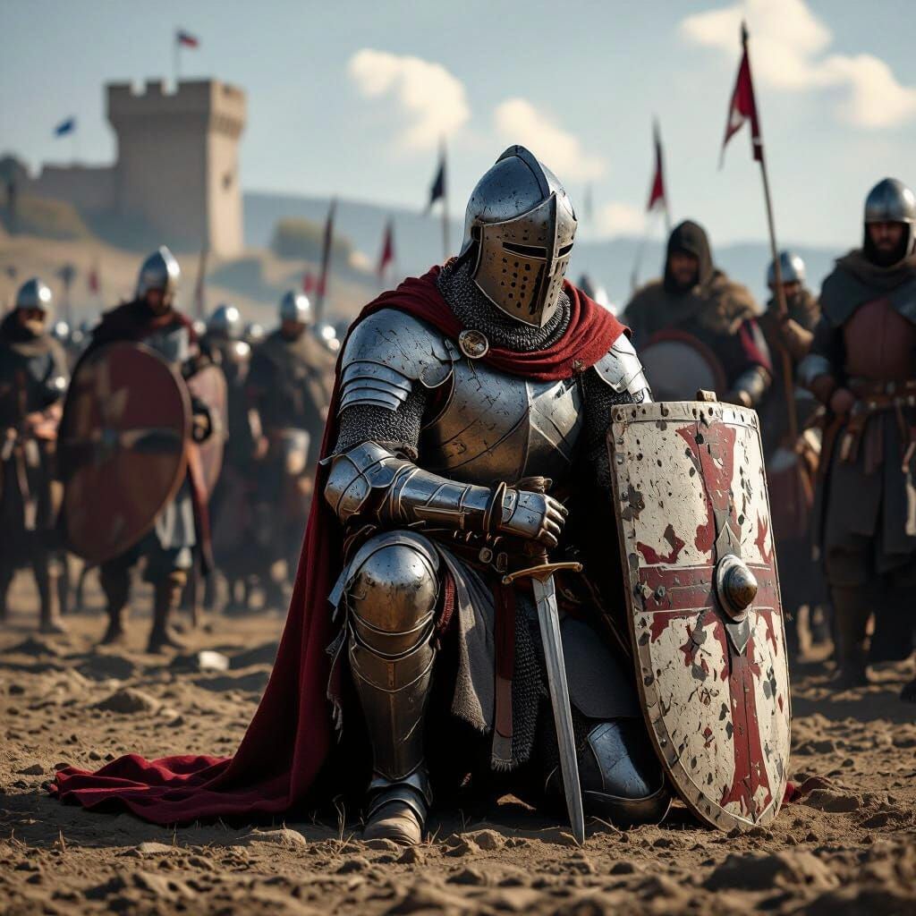 Crusader's Prayer: Kneeling After Victory