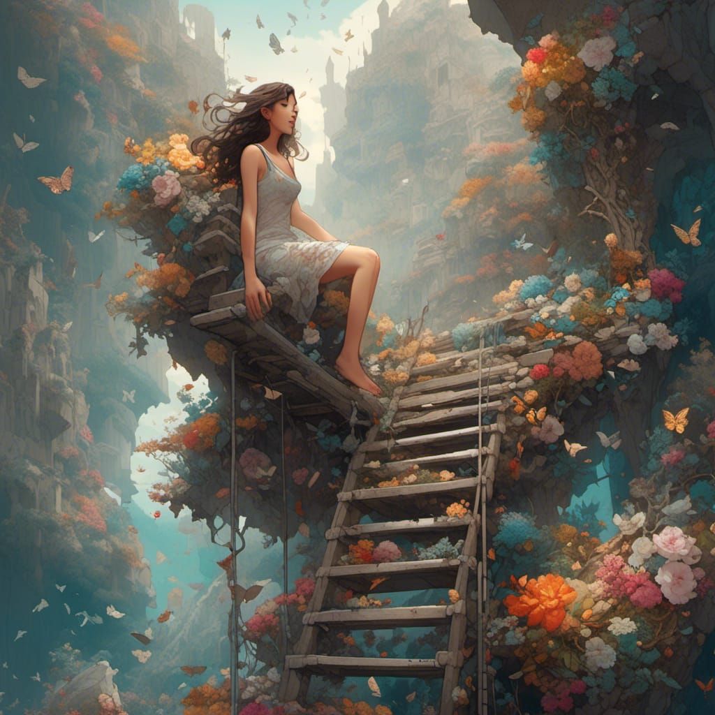 Woman Climbs Ladder to Floating Island