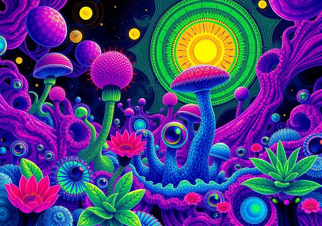 Neon Forest with Abstract Fractal Plants