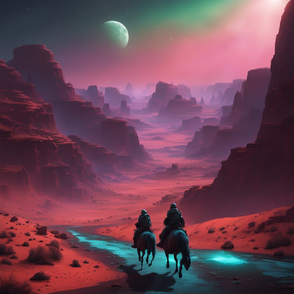 Green Alien Rides Horse Through Martian Canyon