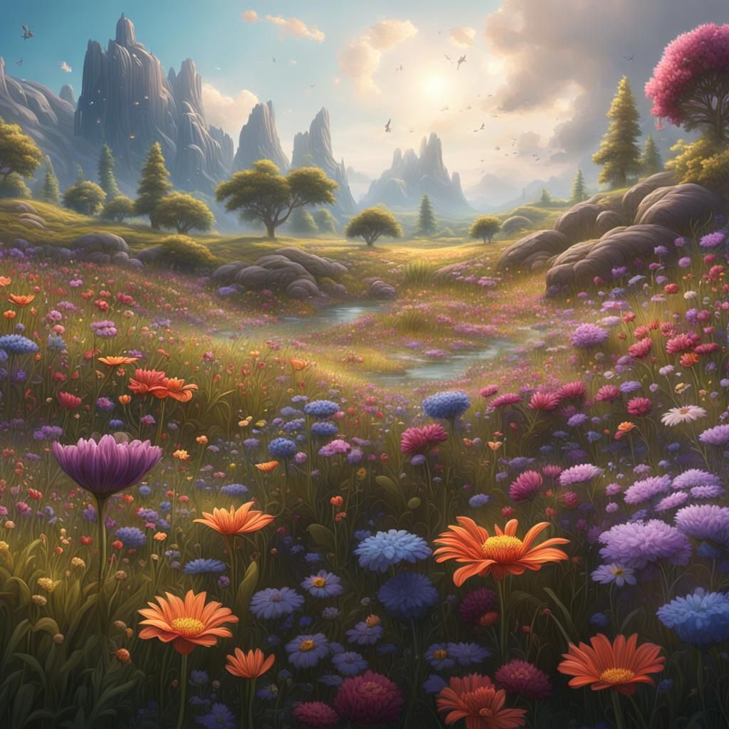 Detailed Flower Meadow Matte Painting