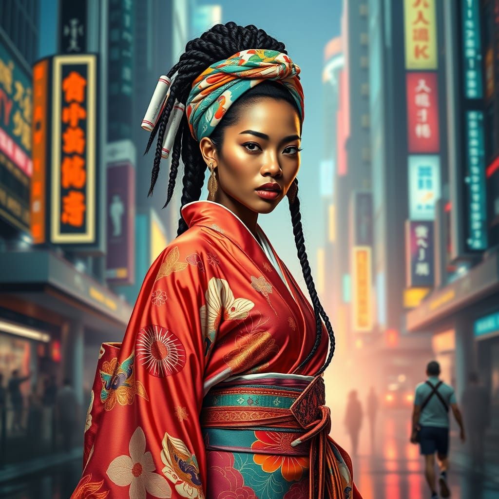 Futuristic Supermodel in Kimono and Kente Headwrap