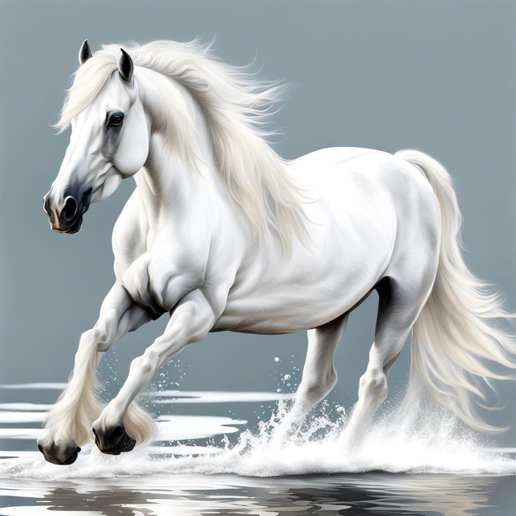 Hyperrealistic White Friesian Horse Walking on Water
