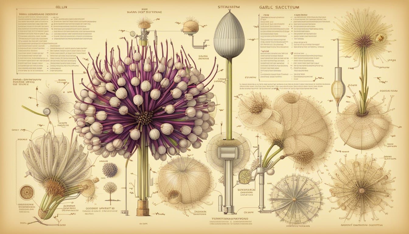 Steampunk Blueprint of a Garlic Plant