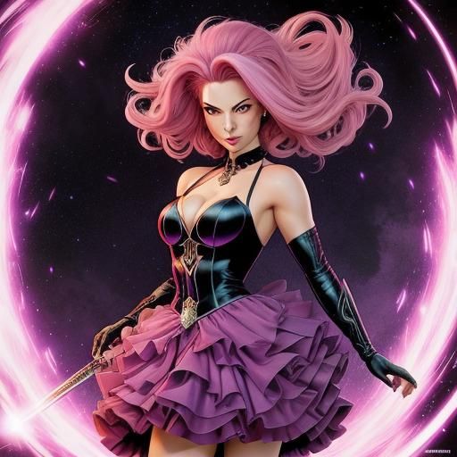 Pink Haired Girl in Poofy Dress, Comic Book Art