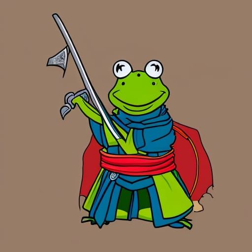 Kermit as a cartoon ninja warrior.