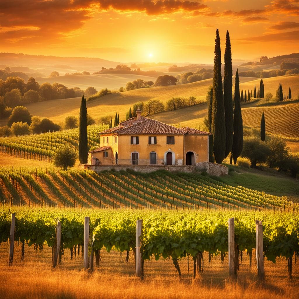 Italian Country House at Golden Sunset