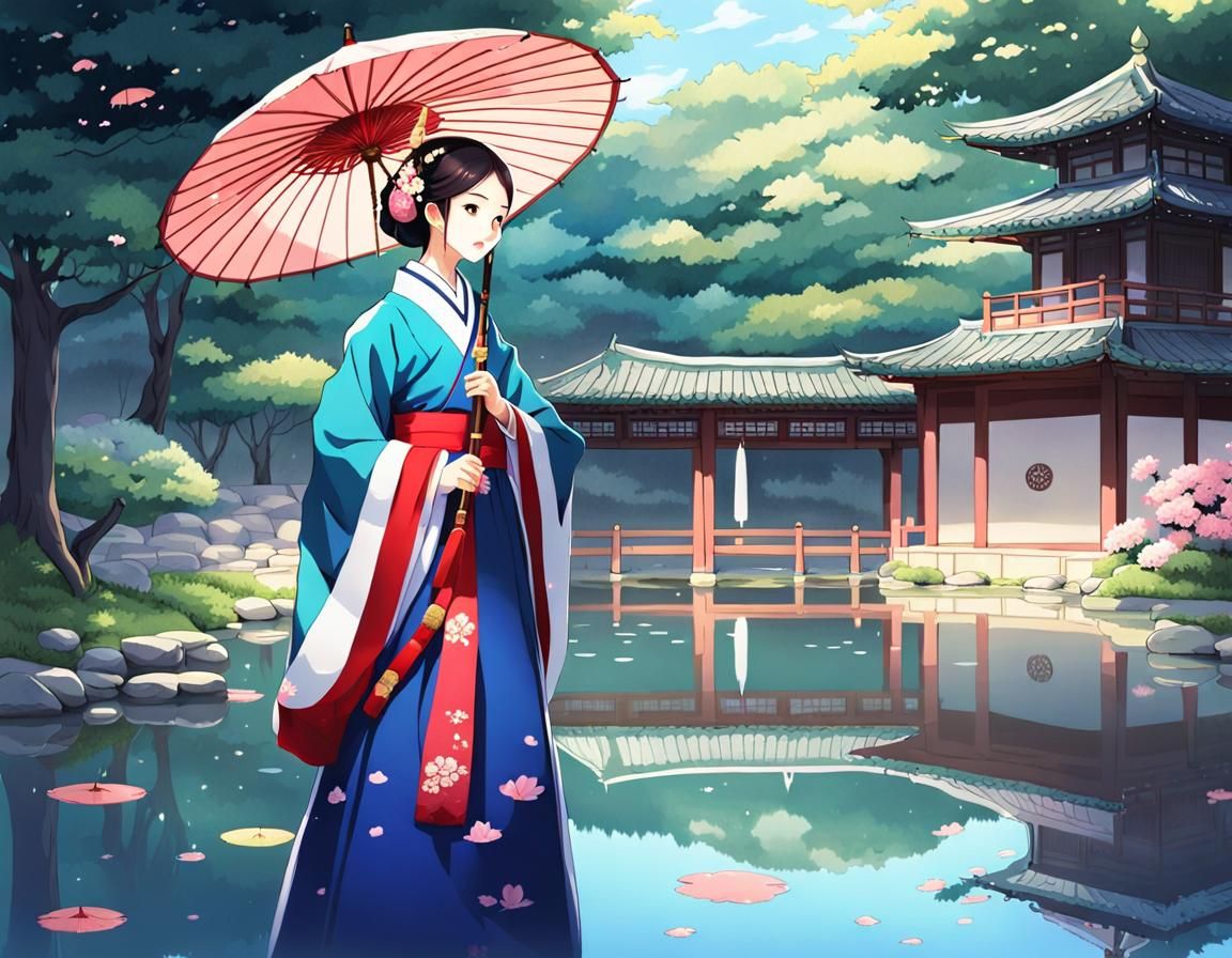 Korean Princess in Hanbok with Umbrella: Anime Style