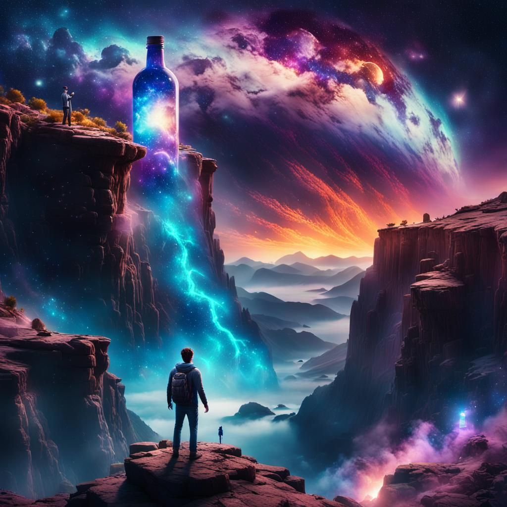 Man Holds Glowing Bottle Under Starry Galaxy