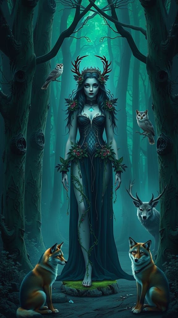 Bioluminescent Forest Goddess in Ancient Grove