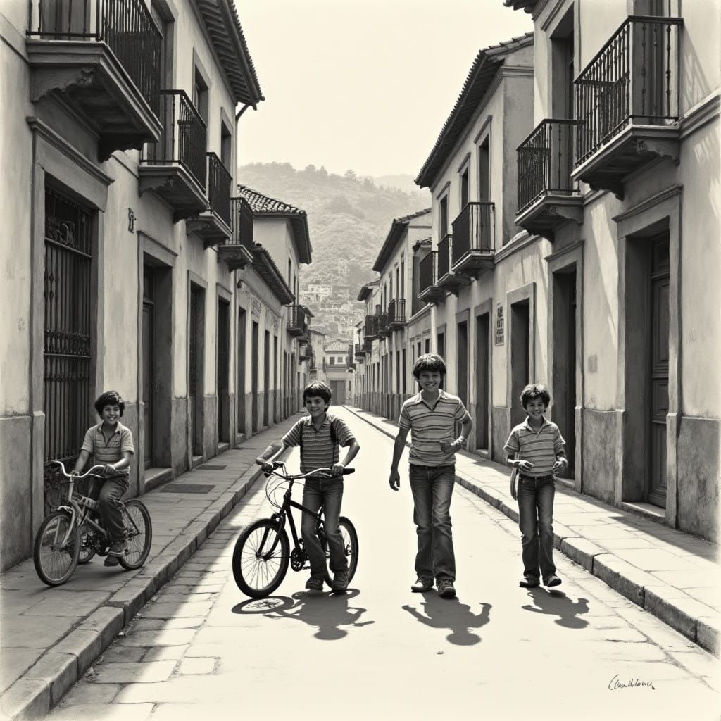 Valladolid Street Scene in 1975, a Charcoal Drawing