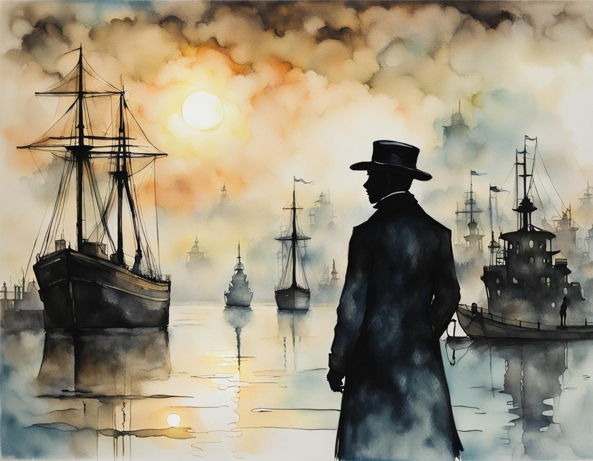 Steampunk Harbor at Dawn in Impressionist Ink Painting