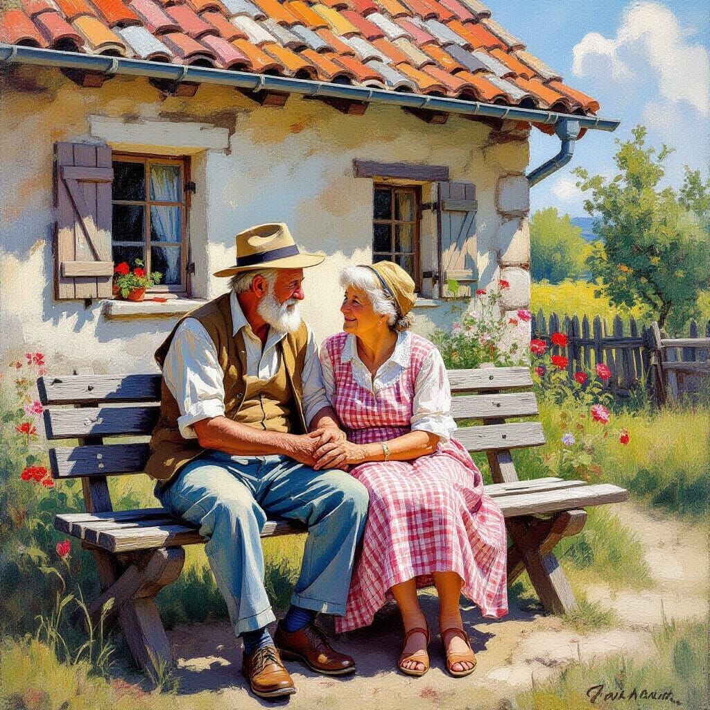 Elderly Couple in Garden: Gouache Impressionist Masterpiece