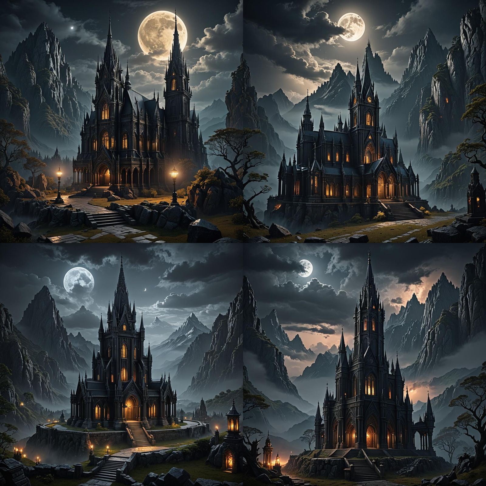 Gothic Warlock Temple in Eerie Moonlight: Fantasy Art