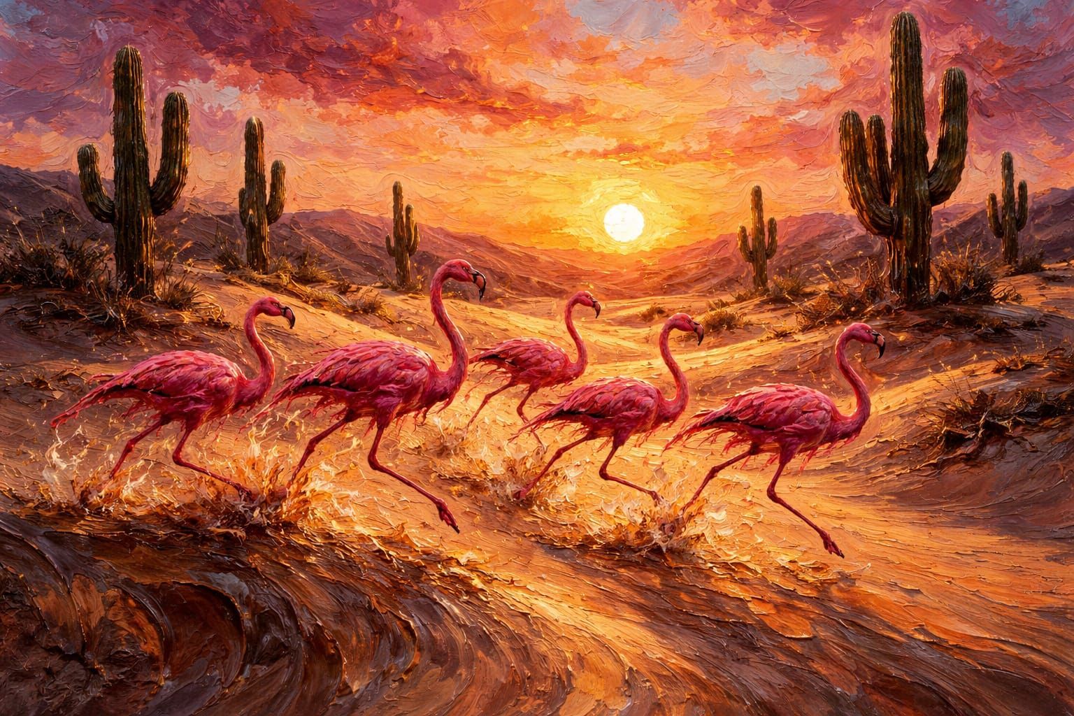 Flamingos Running Through Desert at Sunset Oil Painting