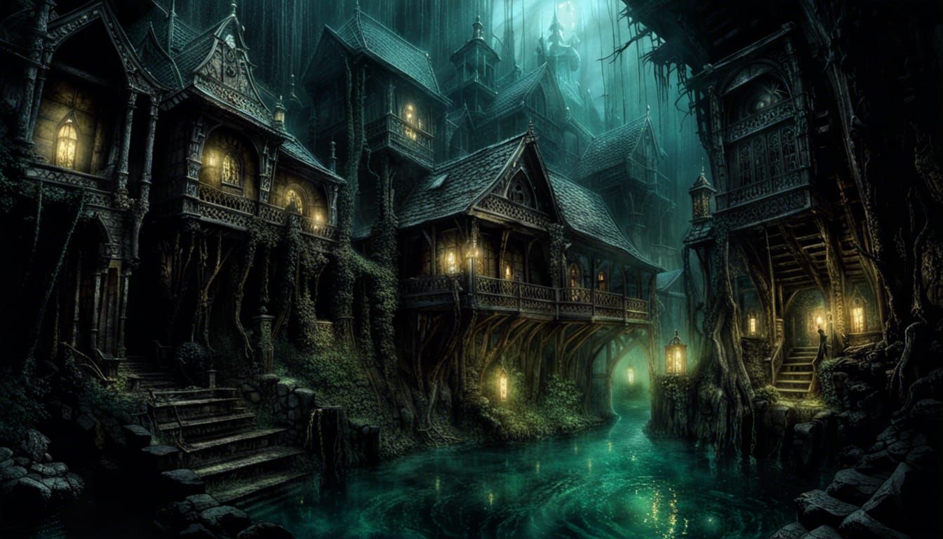 Gothic Underwater Village in Dark Fantasy Style