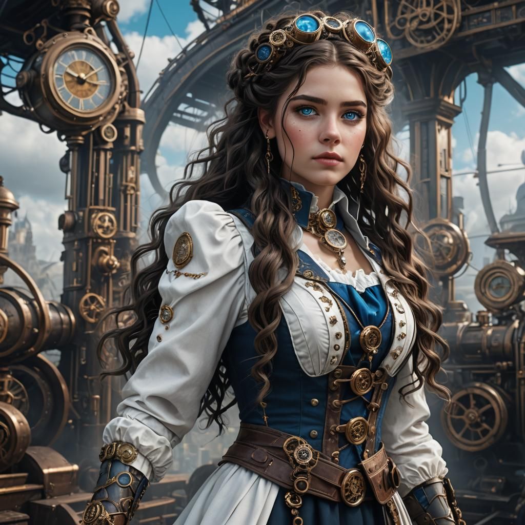 18 year old Female woman with long curly braided dark brown hair and blue eyes in white steampunk fashion