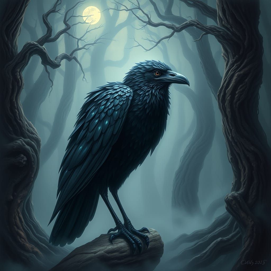 Majestic Fantasy Crow in Mystical Forest