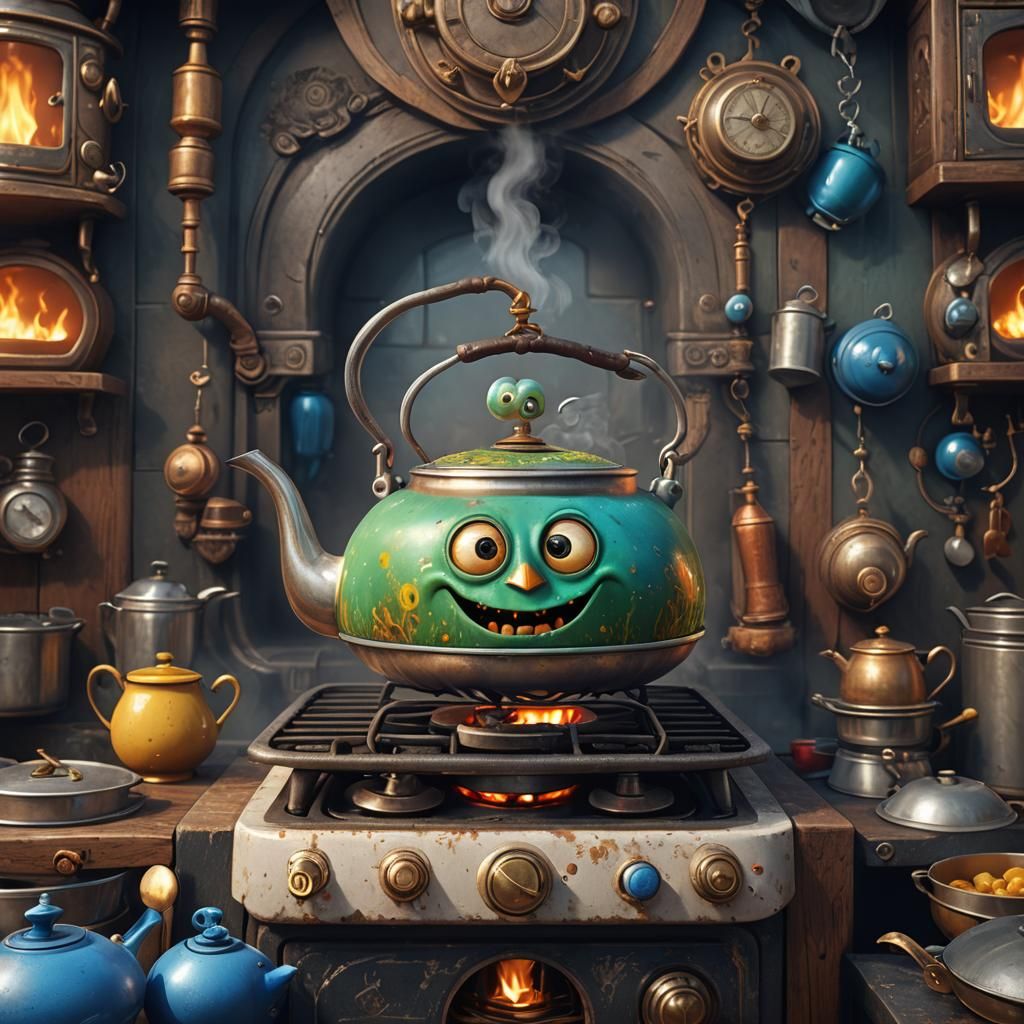 Whimsical Kettle Character on Gas Stove