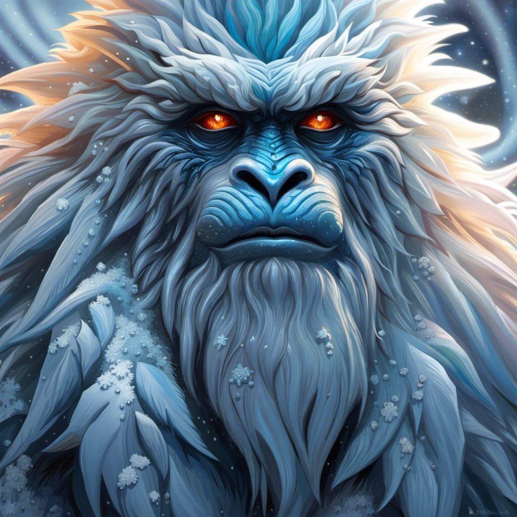 Icy Deity: Hyperrealistic Yeti Portrait in Vibrant Colors