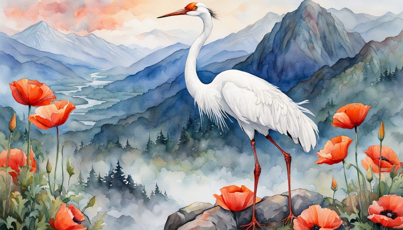 Majestic White Crane in Serene Japanese Landscape
