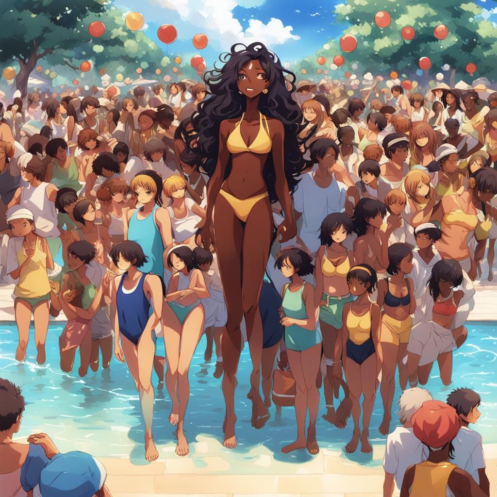 Anime Style: Tall Woman Surrounded by Admirers