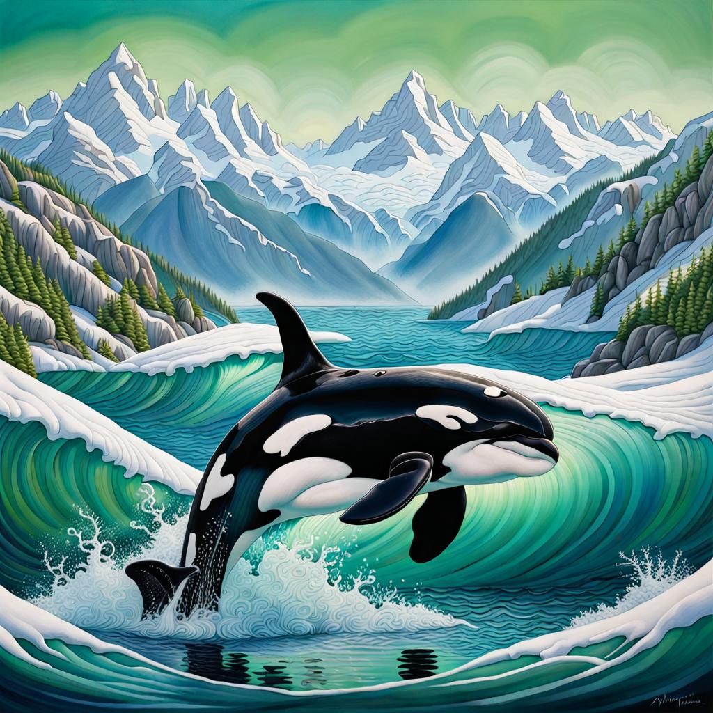 Joyful Orca Leaps in Sunny, Colorful Ocean