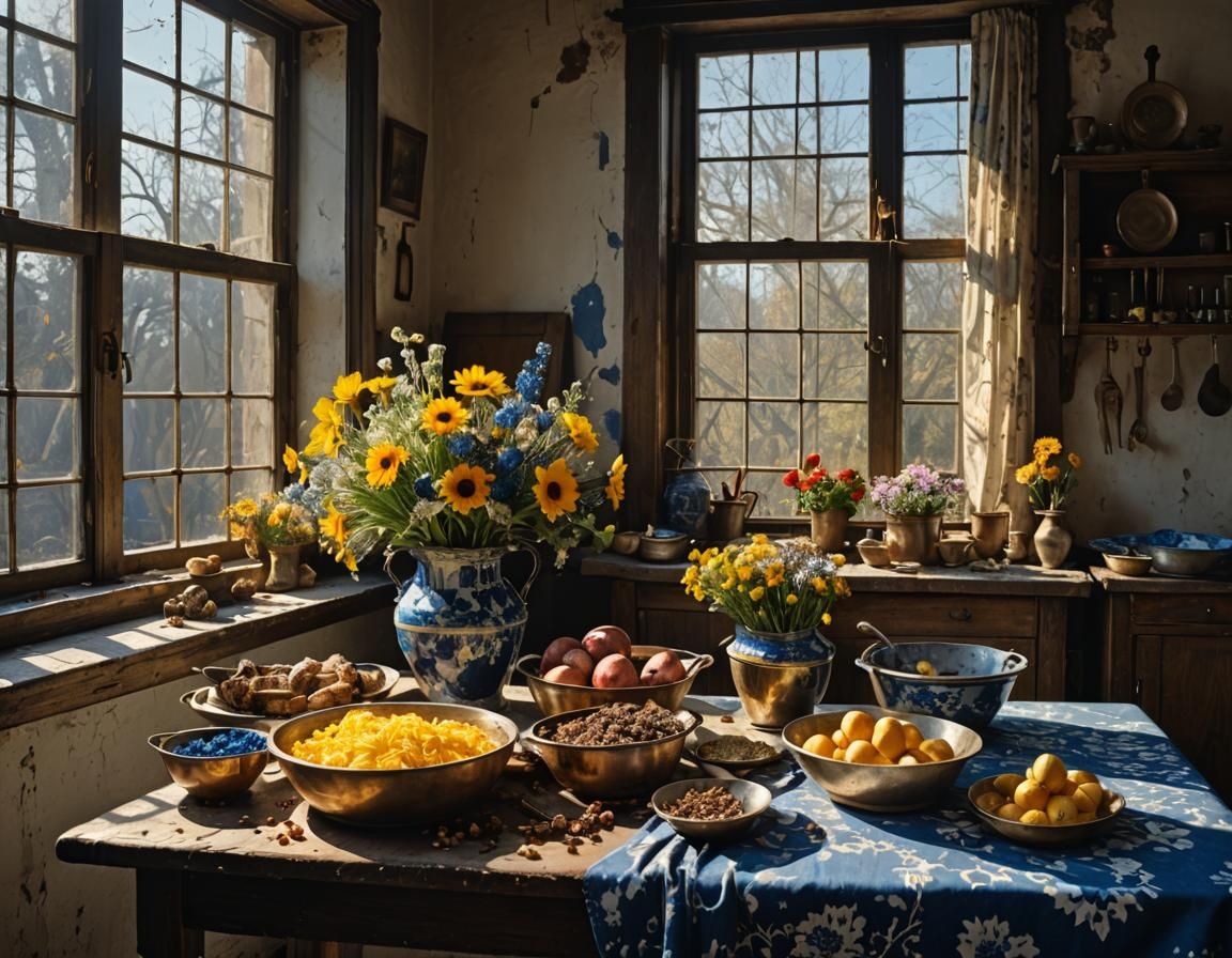 Flowers on Butcher Table, Pollock and Vermeer Style