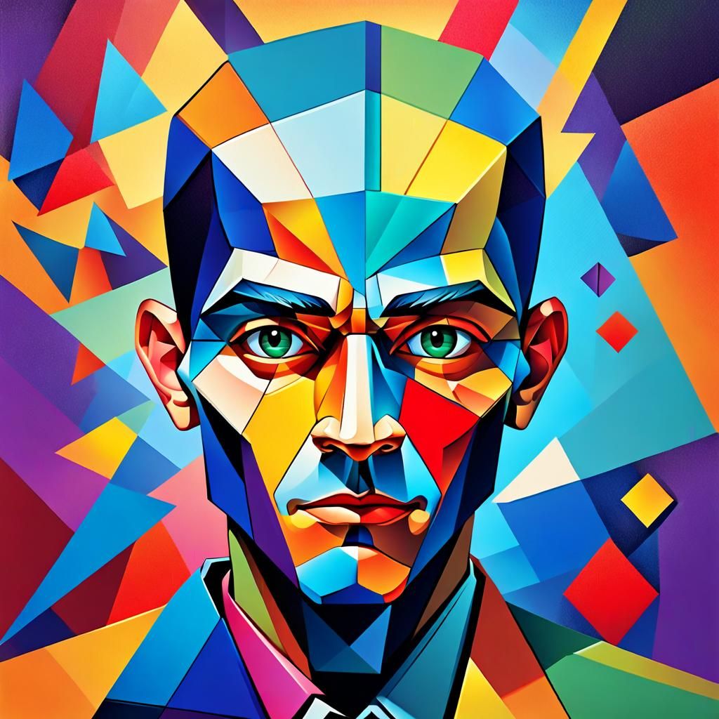 Cubist Character Merges with Number 6 in Pop Art