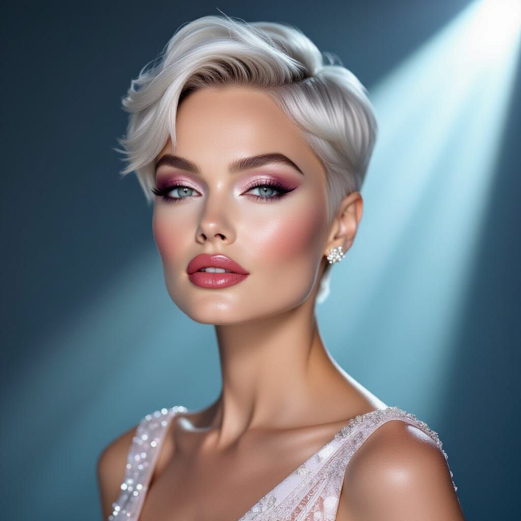 Elegant Fashion Portrait of a Woman with Platinum Pixie Cut