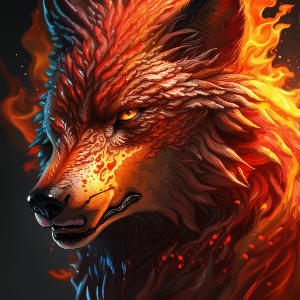Fiery Wolf in Hyperrealistic Splash Art Style