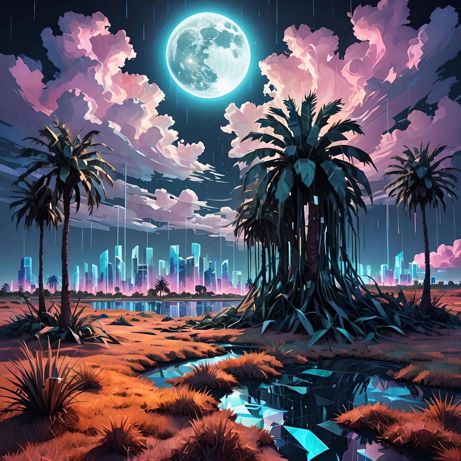 Geometric Abstract Prairie with Surreal Moonlight