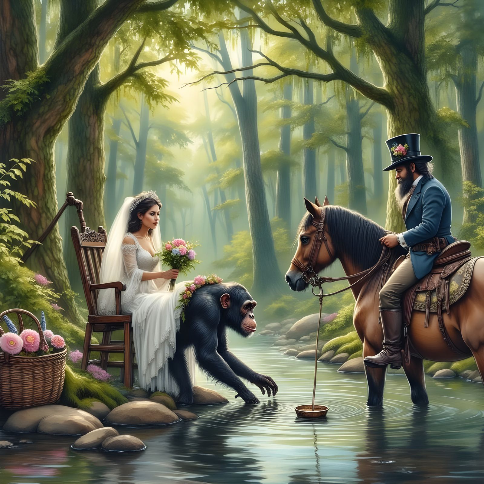 Chimpanzee Drinks from River in Urban Forest Landscape