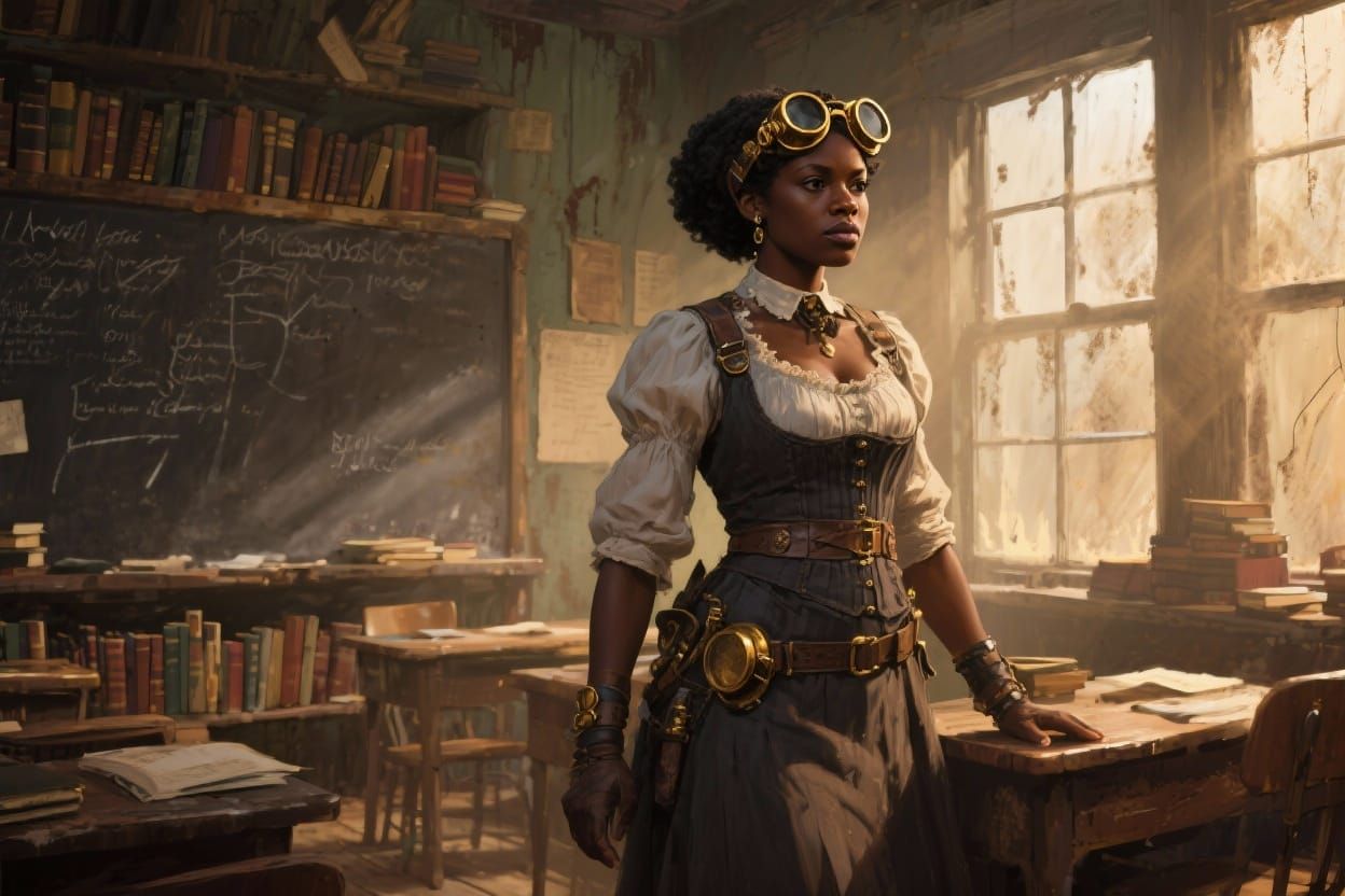 African-American Steampunk Teacher in Victorian Schoolroom