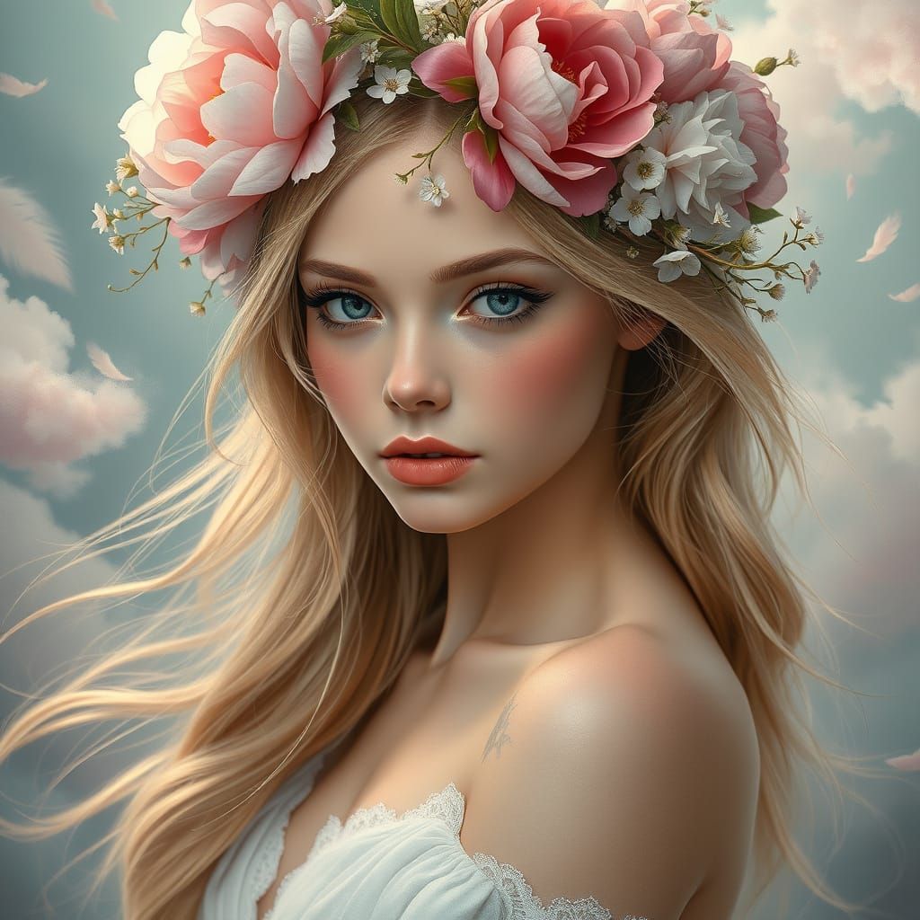Ethereal Goddess in Floral Crown with Soft, Painterly Lighti...