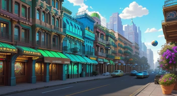 Vibrant Biopunk Cityscape in Art Nouveau Style