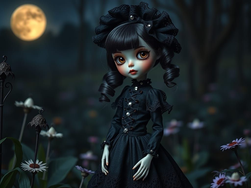 Gothic Victorian Doll in Moonlit Garden