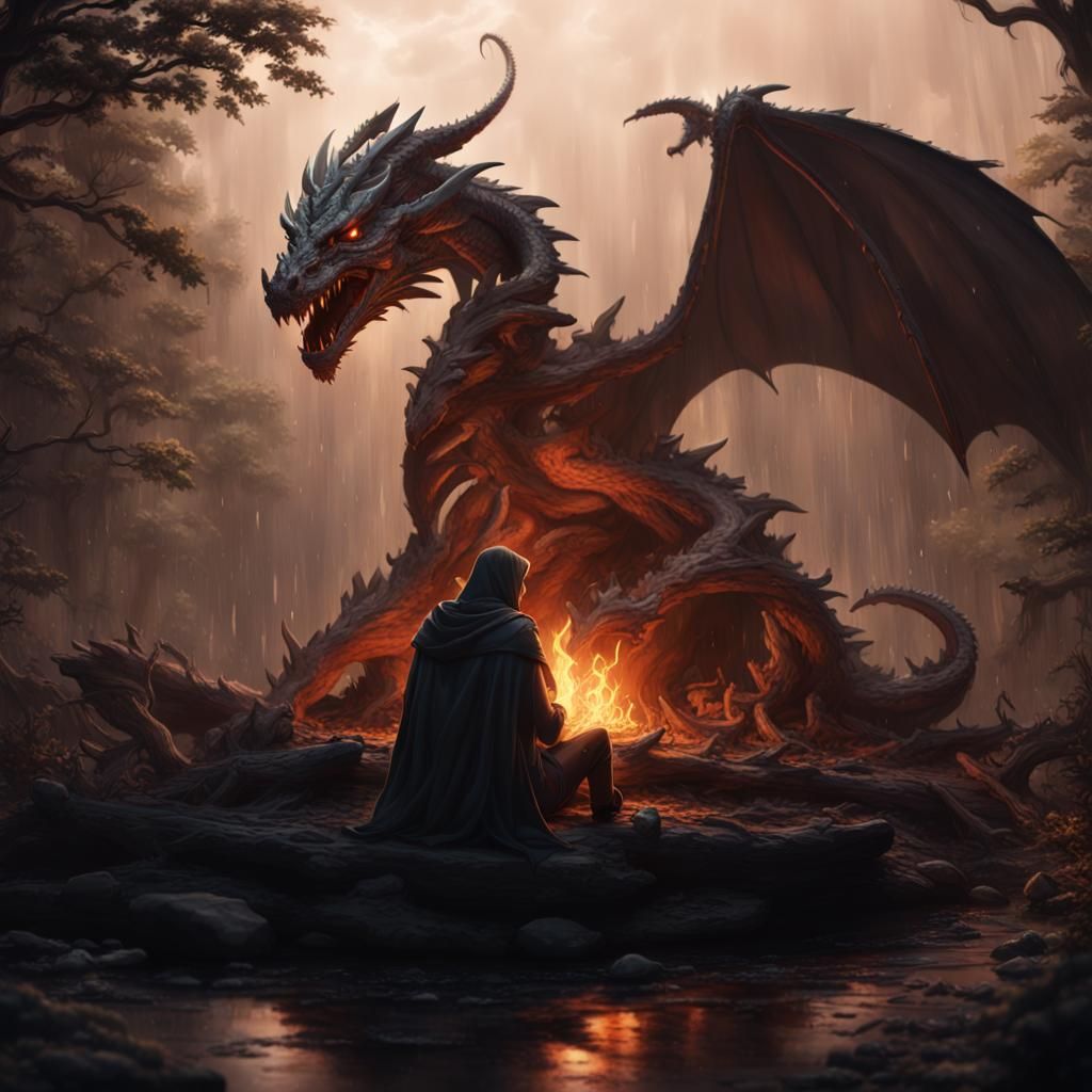 Clay Dragon Shelters Human from Rain at Campfire