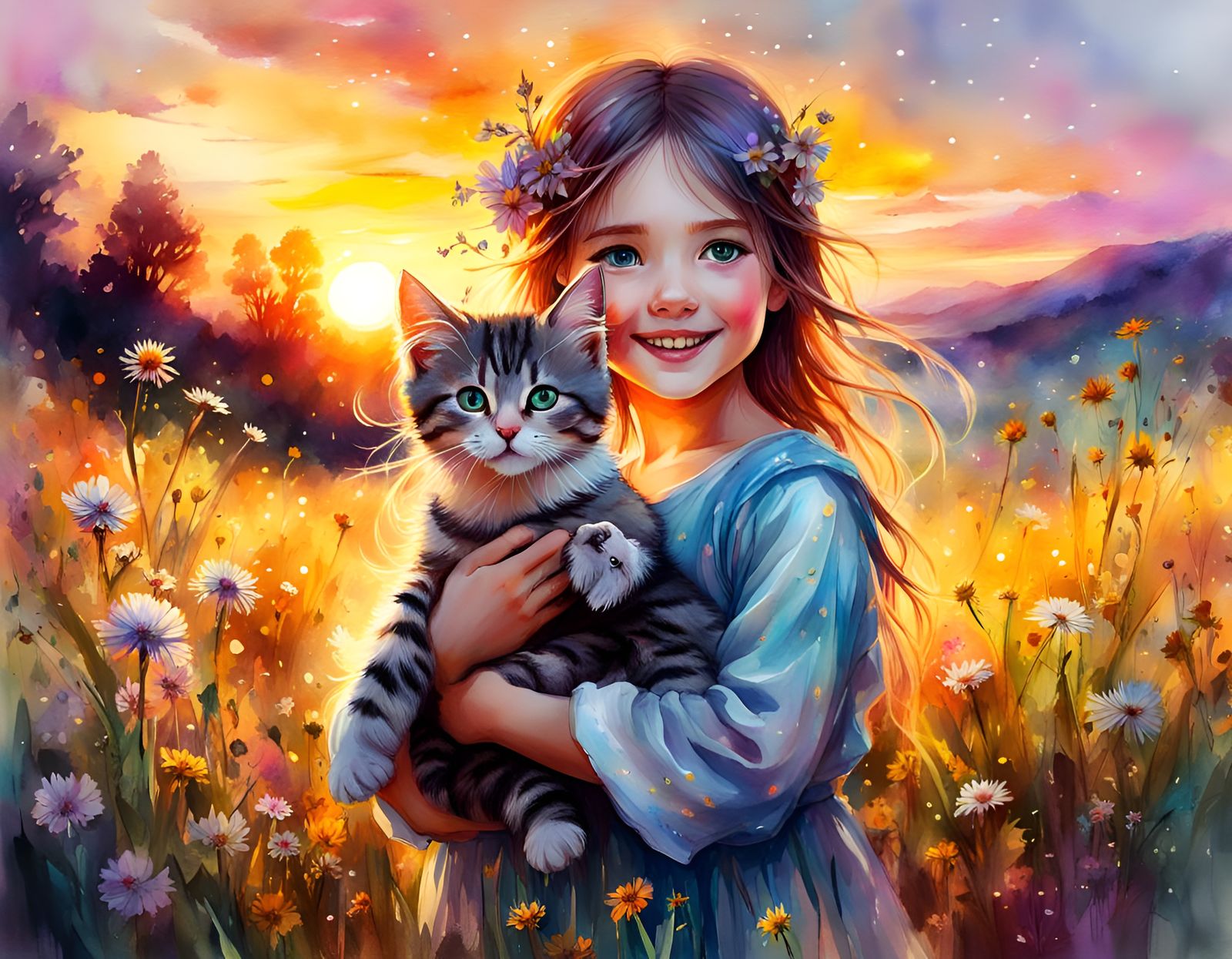 Girl with Kitten in Watercolor Fantasy Meadow