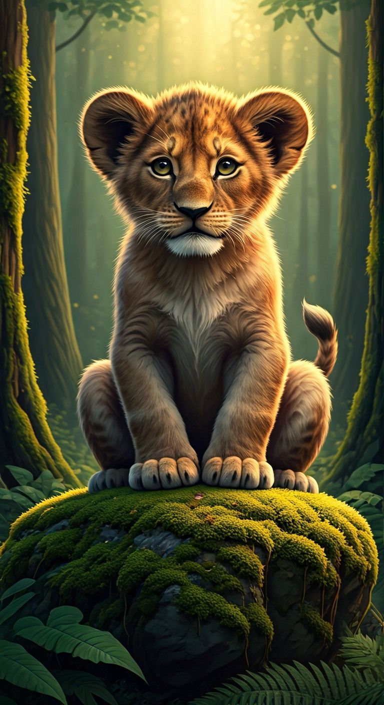 Fluffy Lion Cub in Vibrant Forest