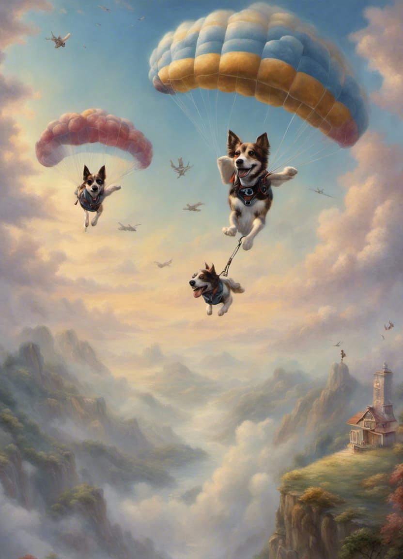 Skydiving Dogs in Ethereal Fantasy Landscape