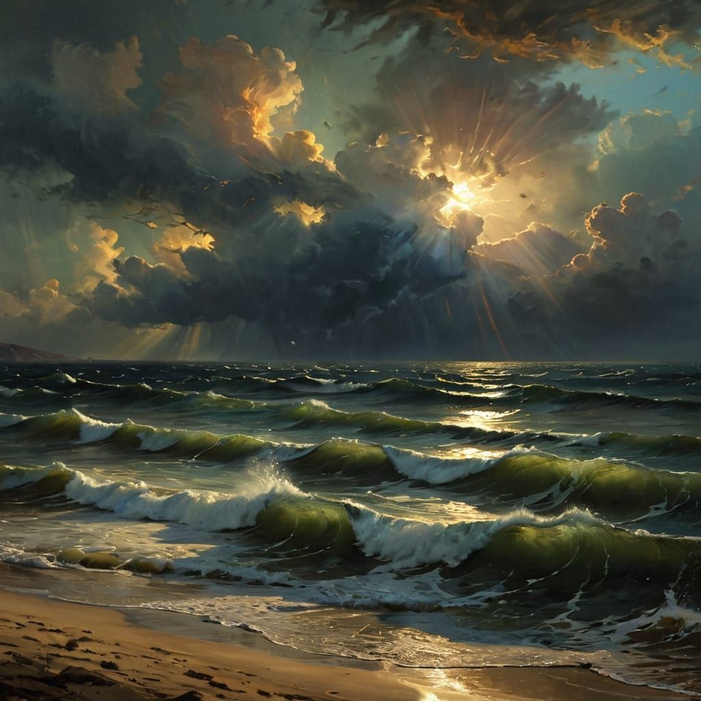 Woman at Edge of Turbulent Sea, Tempestuous Storm Approachin...