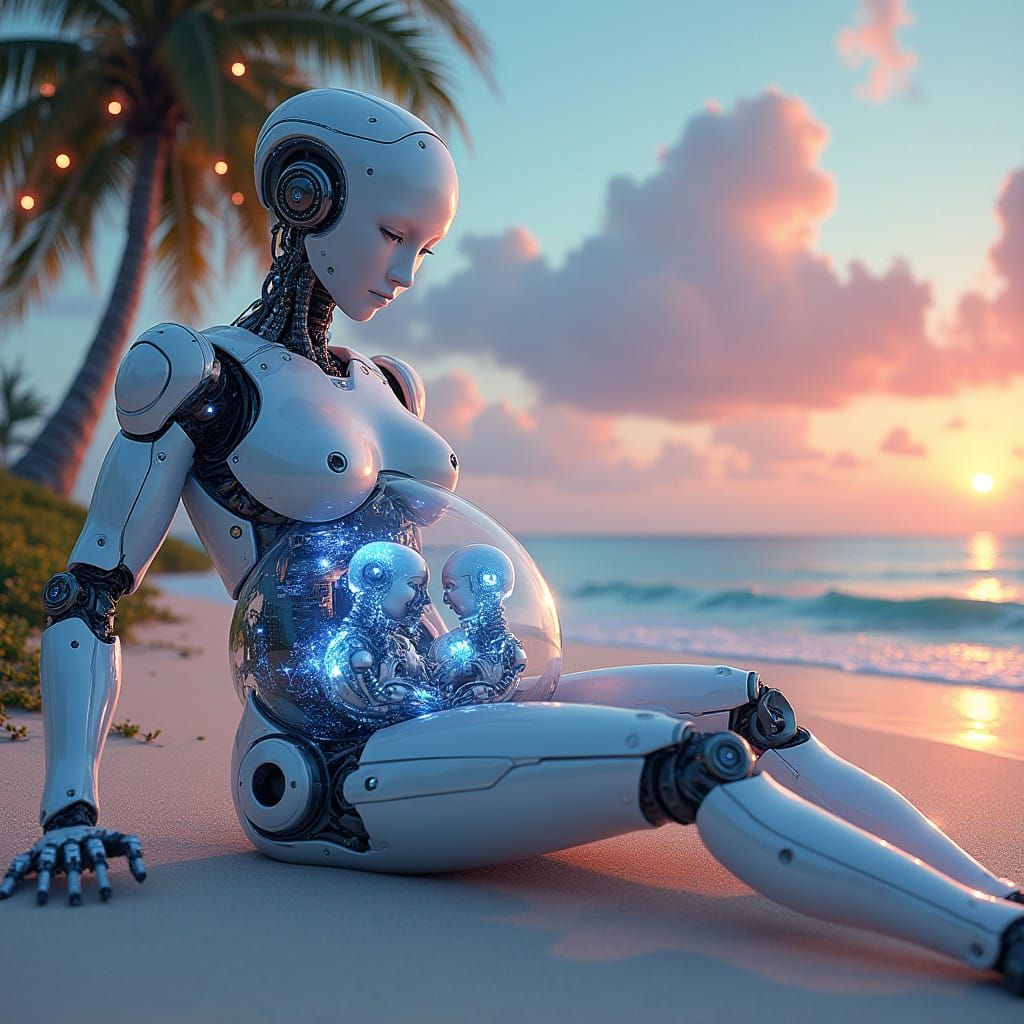 Serene Pregnant Robot Seeks Tranquility on the Beach