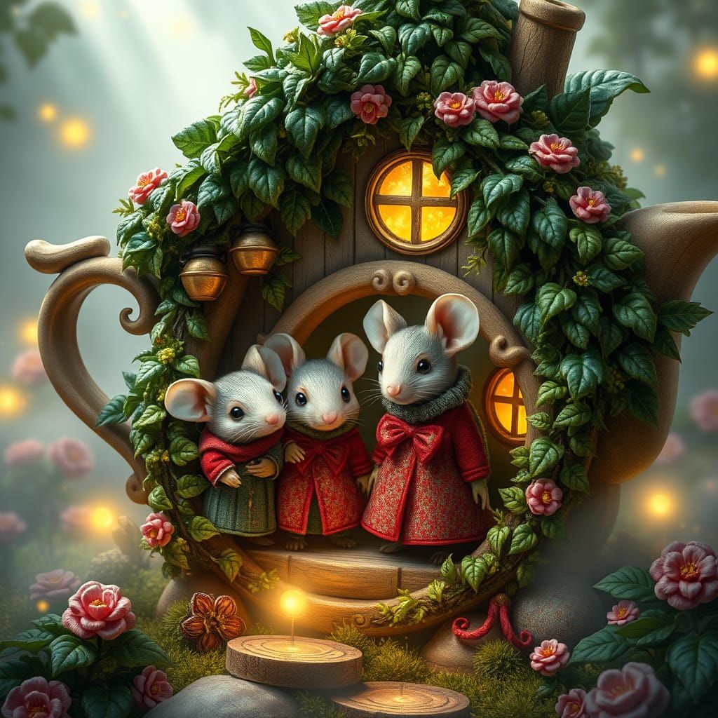 Whimsical Mouse Family in Cozy Tea Pot House