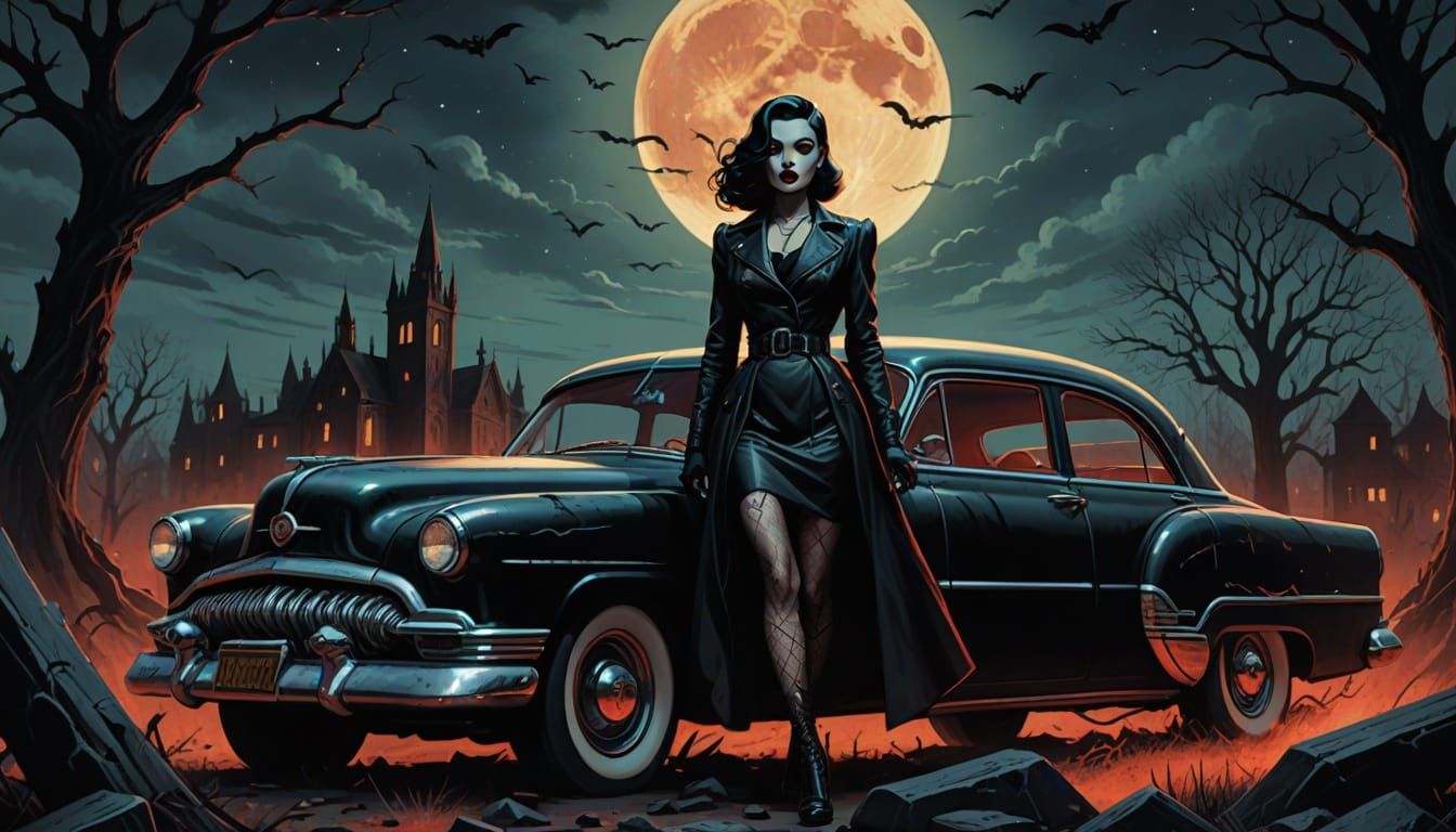 Retro-Futuristic Graveyard Scene in Neon Glow