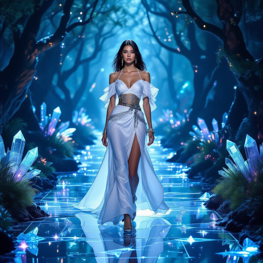 Fashion Model in Enchanted Forest Runway, Anime Style