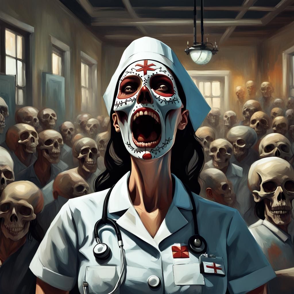 Skull Nurse in Dystopian Hospital, a Dark Fantasy