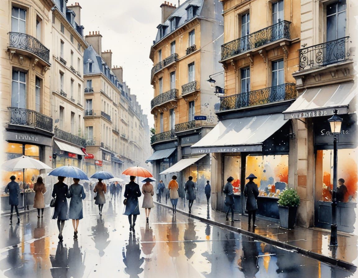 Ethereal Watercolour of a Rain-Kissed Paris Street