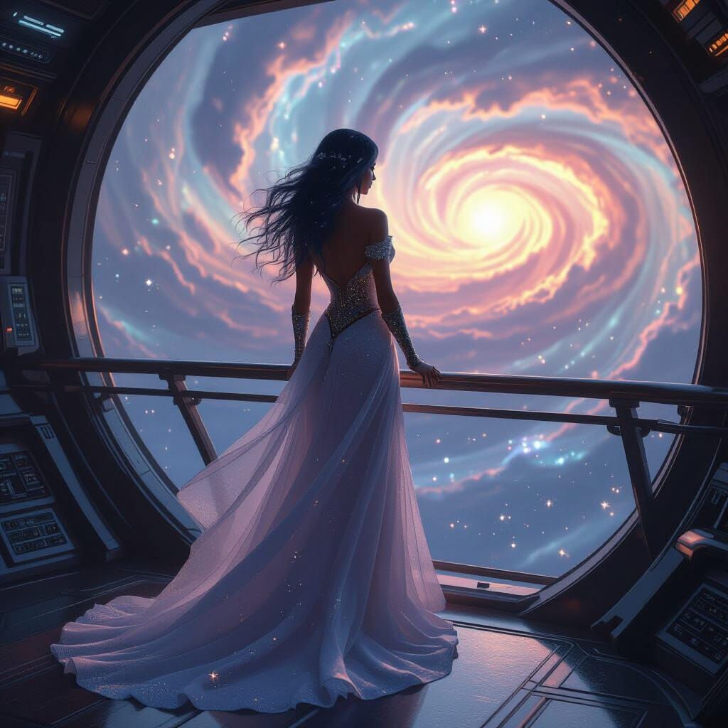 Nebula-Haired Space Pirate on Flagship Bridge