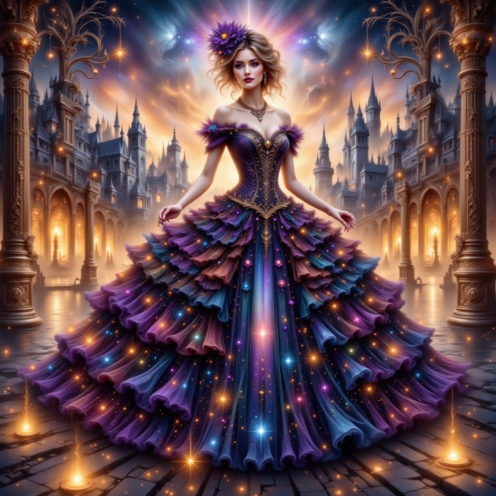 Woman in Flowing Gown Amidst Cathedral Flux